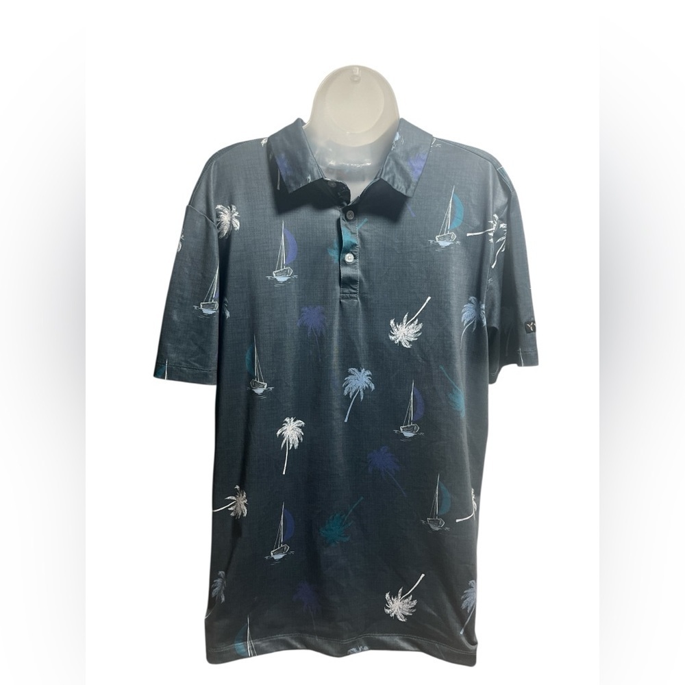 Yates Golf Men’s Performance Palm Tree And Sailboat Print Polo Size Medium